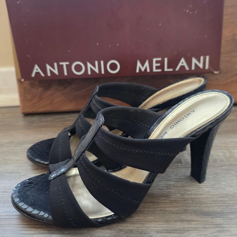 Antonio Melani Vintage Black Elastic Strappy Slide Heel Mules Size 8.5 Sunburst